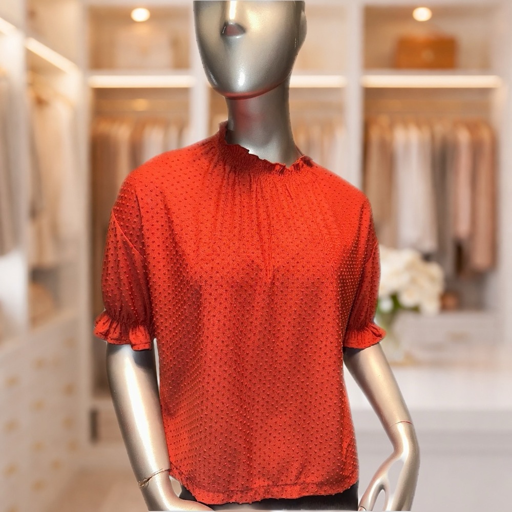 Madewell  Burnt Orange Clipdot Puff Sleeve Blouse Size Small